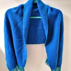 Wool Blend Blue and Green Woven Blanket Scarf Shoulder Wrap Ladies Poncho